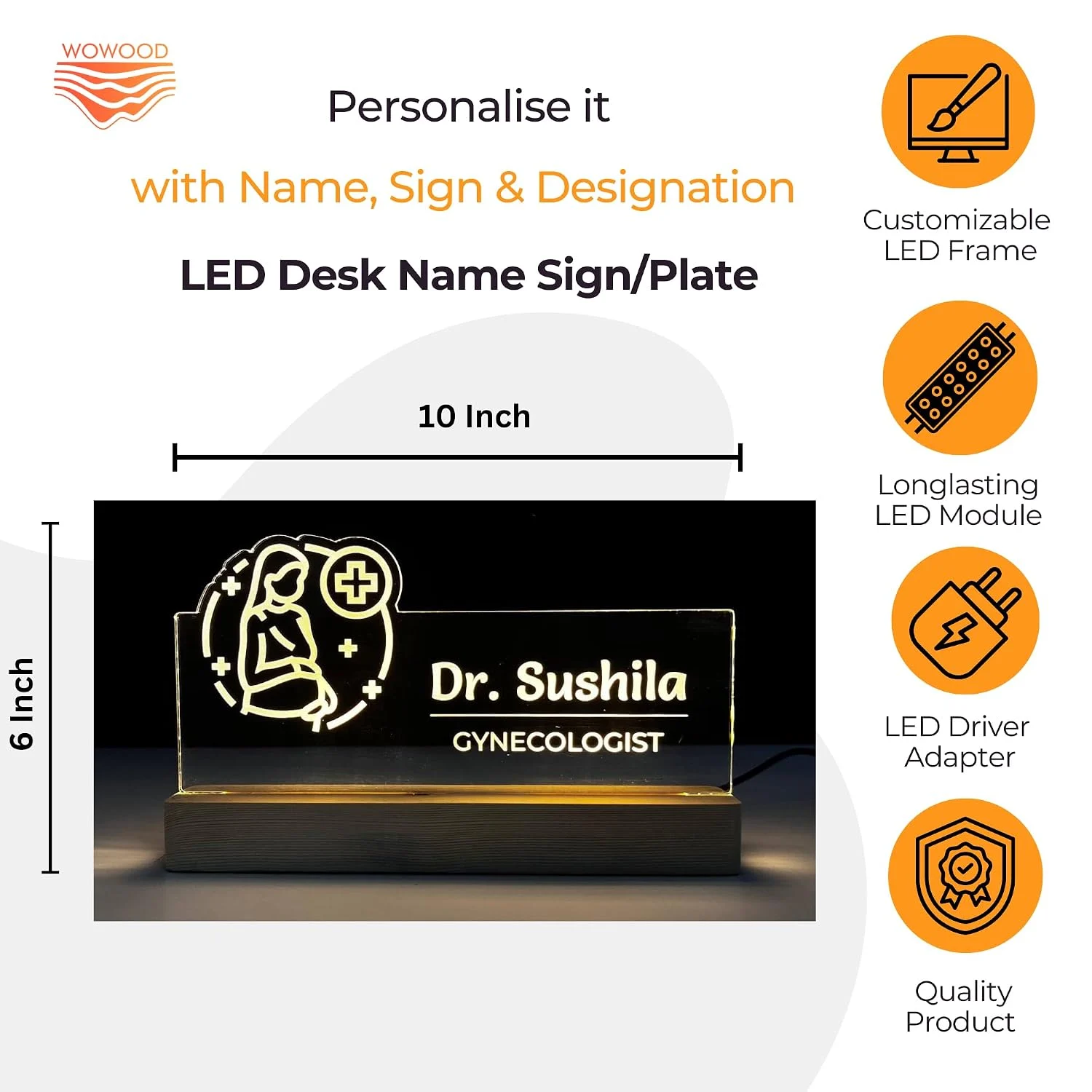Personalised Name Lamp with Wooden Base for Gynecologists – 10 x 6 inch – size 10 x 6 inch