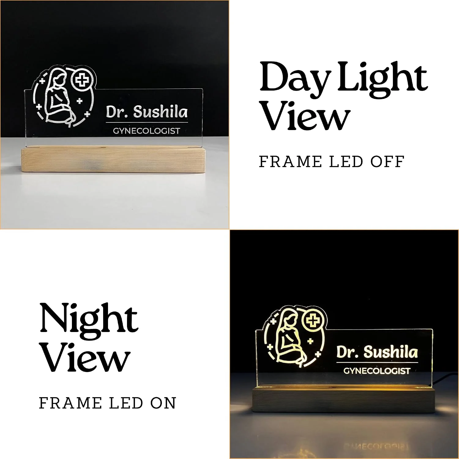 Personalised Name Lamp with Wooden Base for Gynecologists – 10 x 6 inch – day and night view
