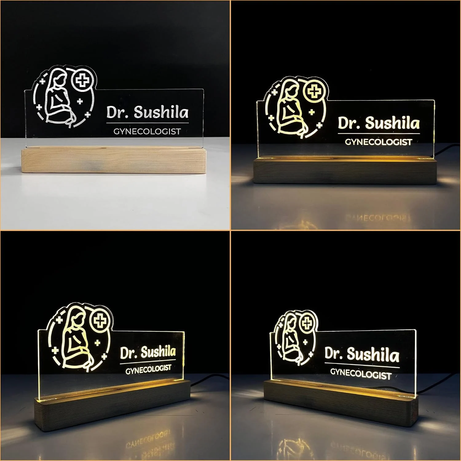 Personalised Name Lamp with Wooden Base for Gynecologists – 10 x 6 inch – close-up