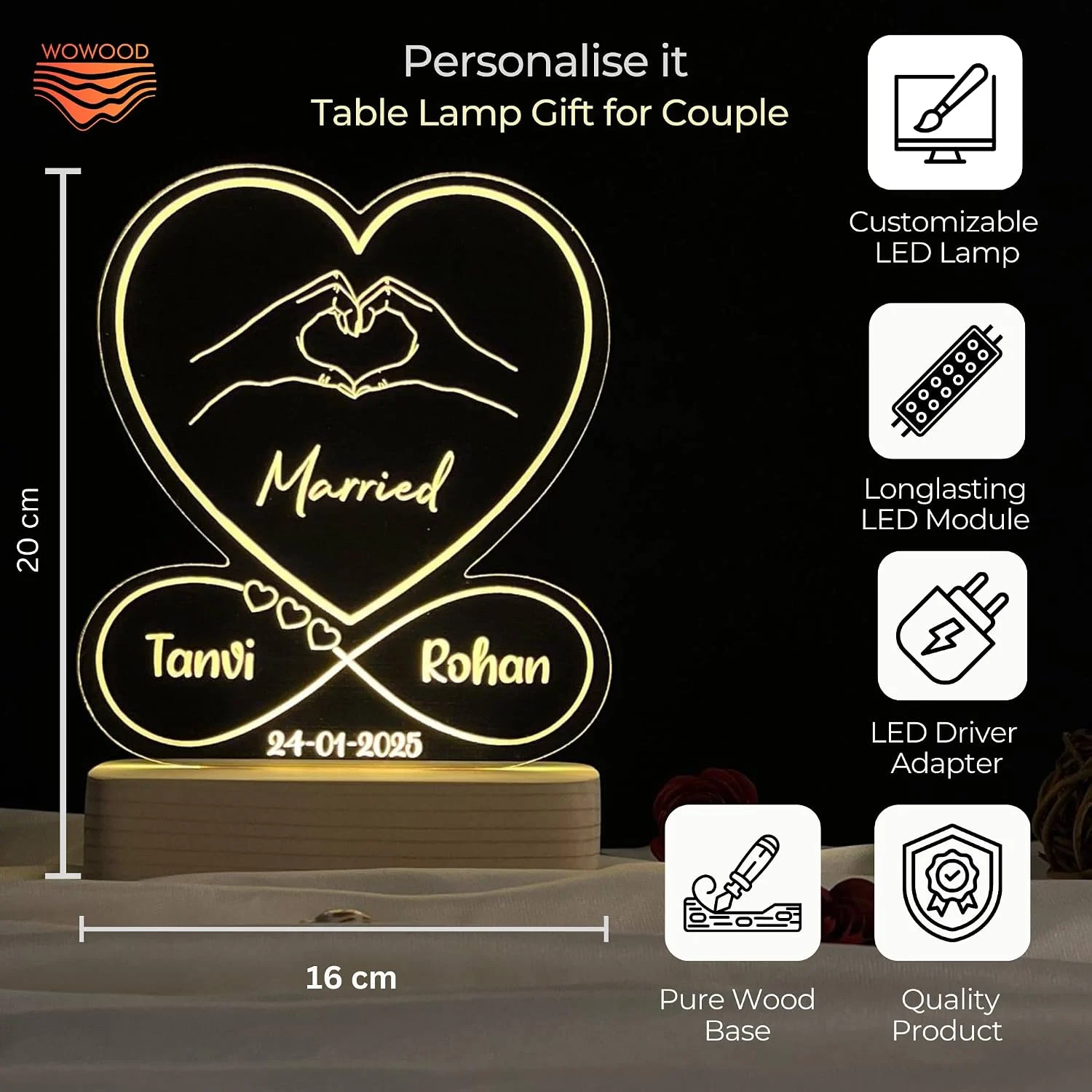 Heart hands infinity couple lamp – size 20 x 16 cm
