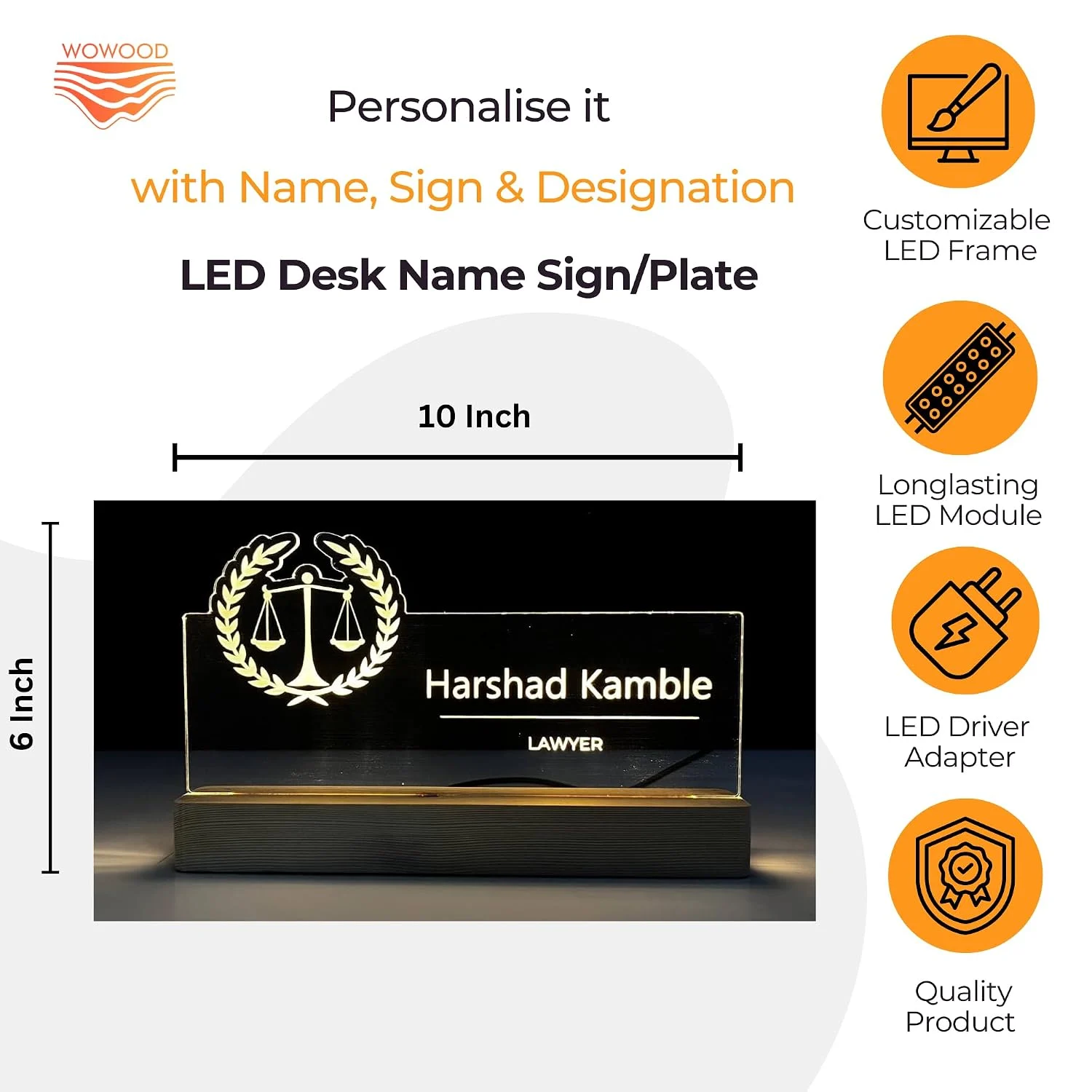 Personalised Name Lamp with Wooden Base for Lawyers – 10 x 6 inch – size 10 x 6 inch