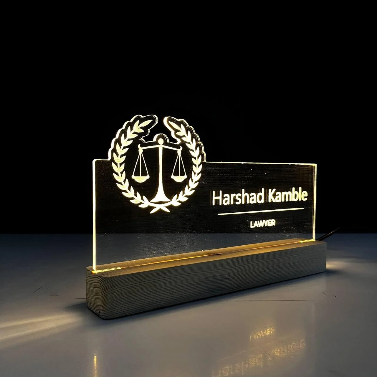 Personalised Name Lamp with Wooden Base for Lawyers – 10 x 6 inch – switched off
