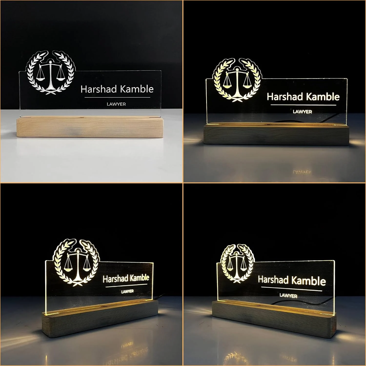 Personalised Name Lamp with Wooden Base for Lawyers – 10 x 6 inch – close-up