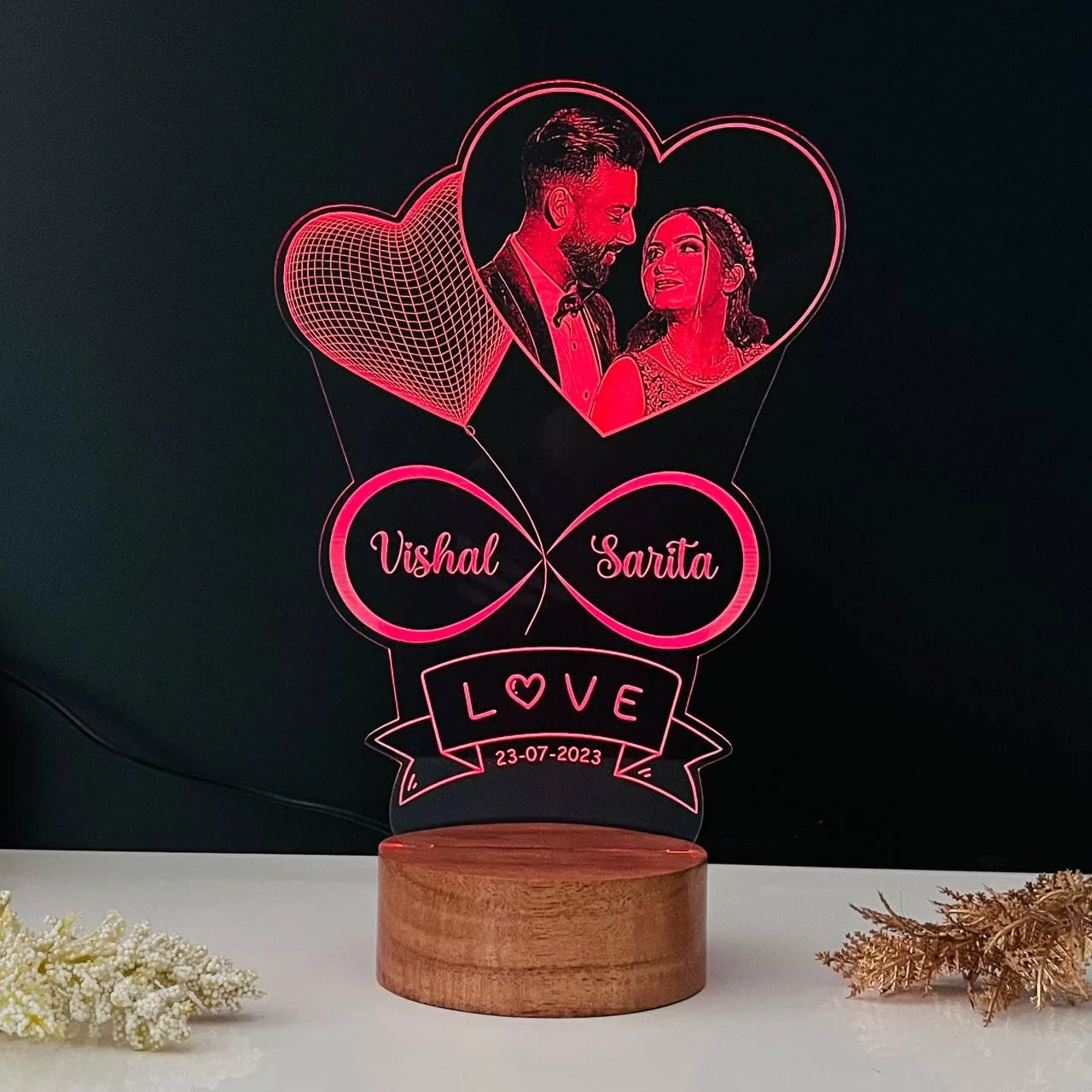 Multicolour double heart photo lamp – colour option