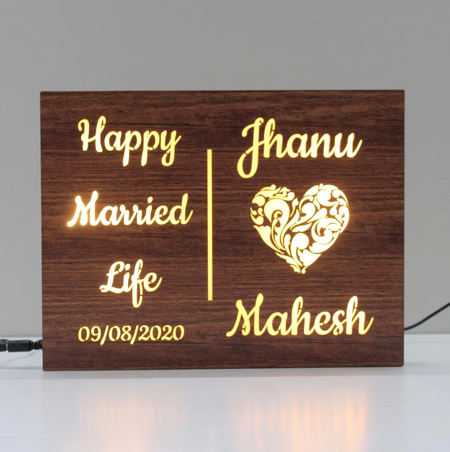 Personalised Couple Name Lamp with Date – Wooden LED Heart – Happy Married Life design