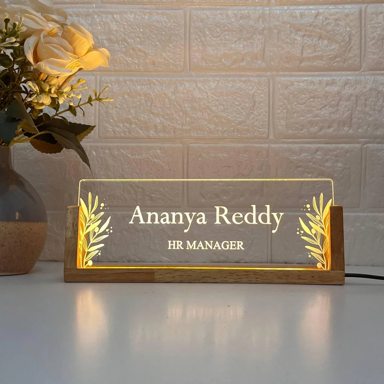 Personalised LED Desk Name Plate – Floral Leaf Design – close-up of the engraving