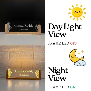 Floral leaf LED desk name plate – day and night view