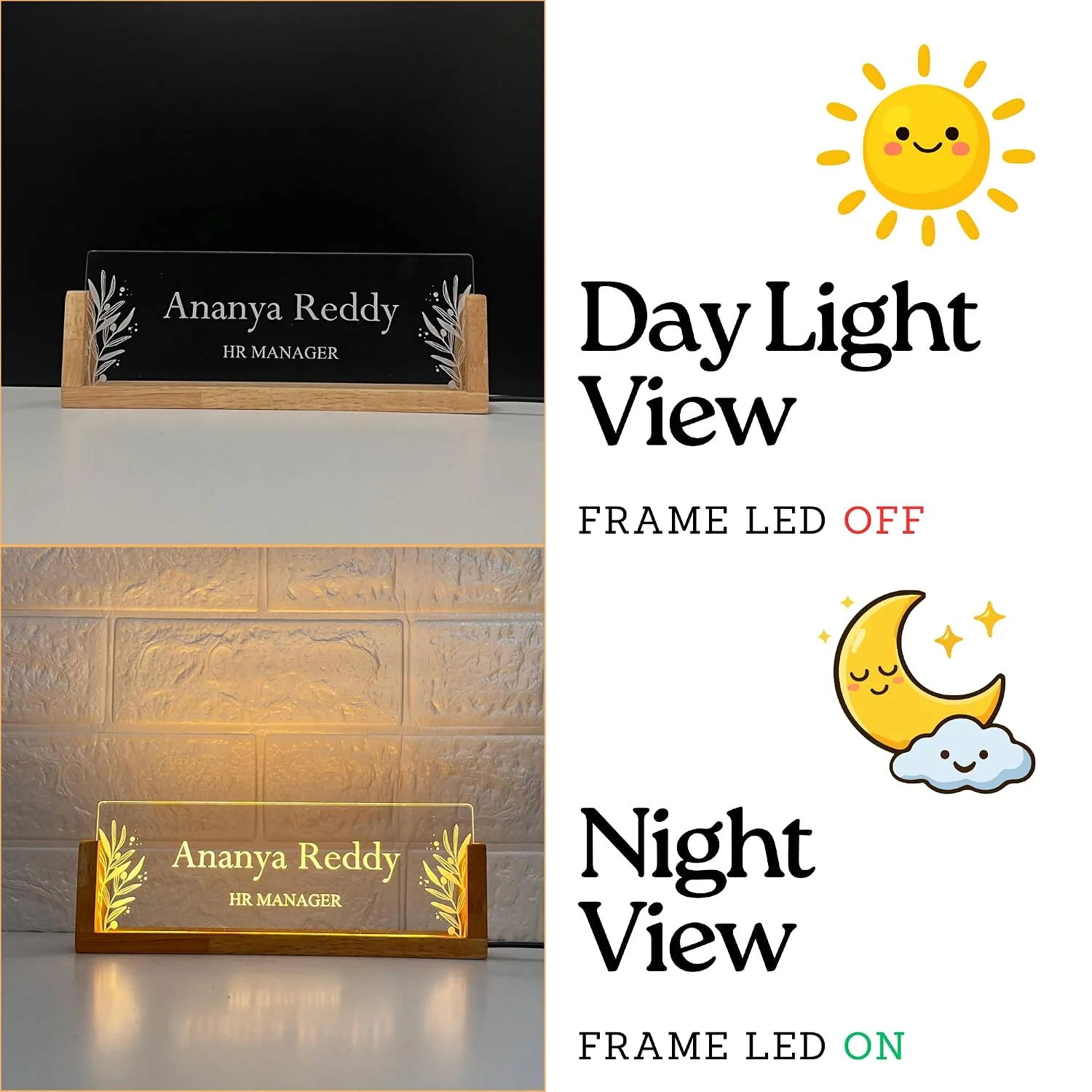 Personalised LED Desk Name Plate – Floral Leaf Design – day and night view