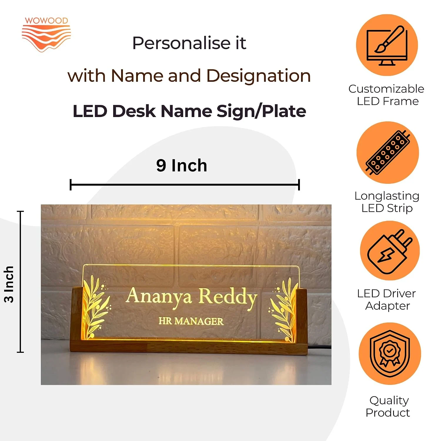 Personalised LED Desk Name Plate – Floral Leaf Design – size 9 x 3 inch