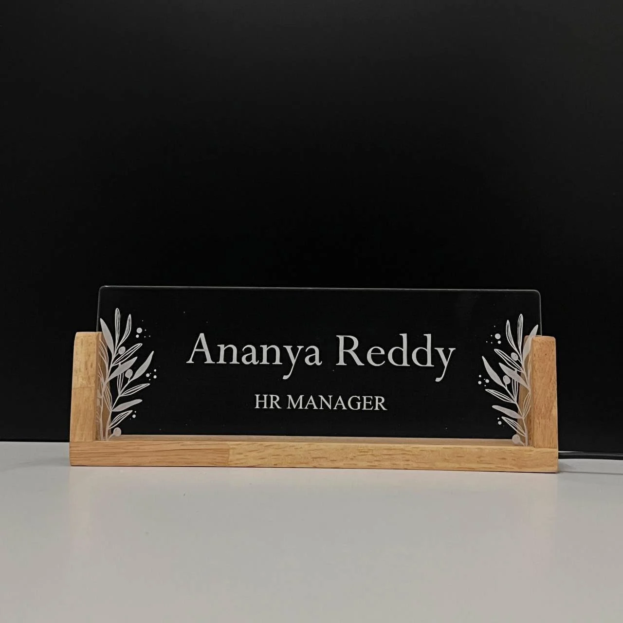 Personalised LED Desk Name Plate – Floral Leaf Design – with the light off