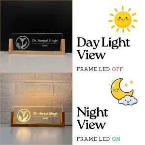 LED desk name plate for ayurveda doctors – day and night view