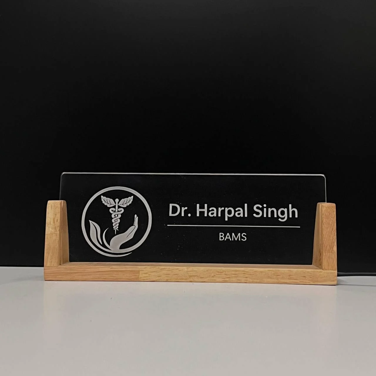 Personalised LED Desk Name Plate for Ayurveda Doctors – with the light off