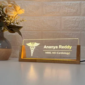 LED desk name plate for doctors – on a desk