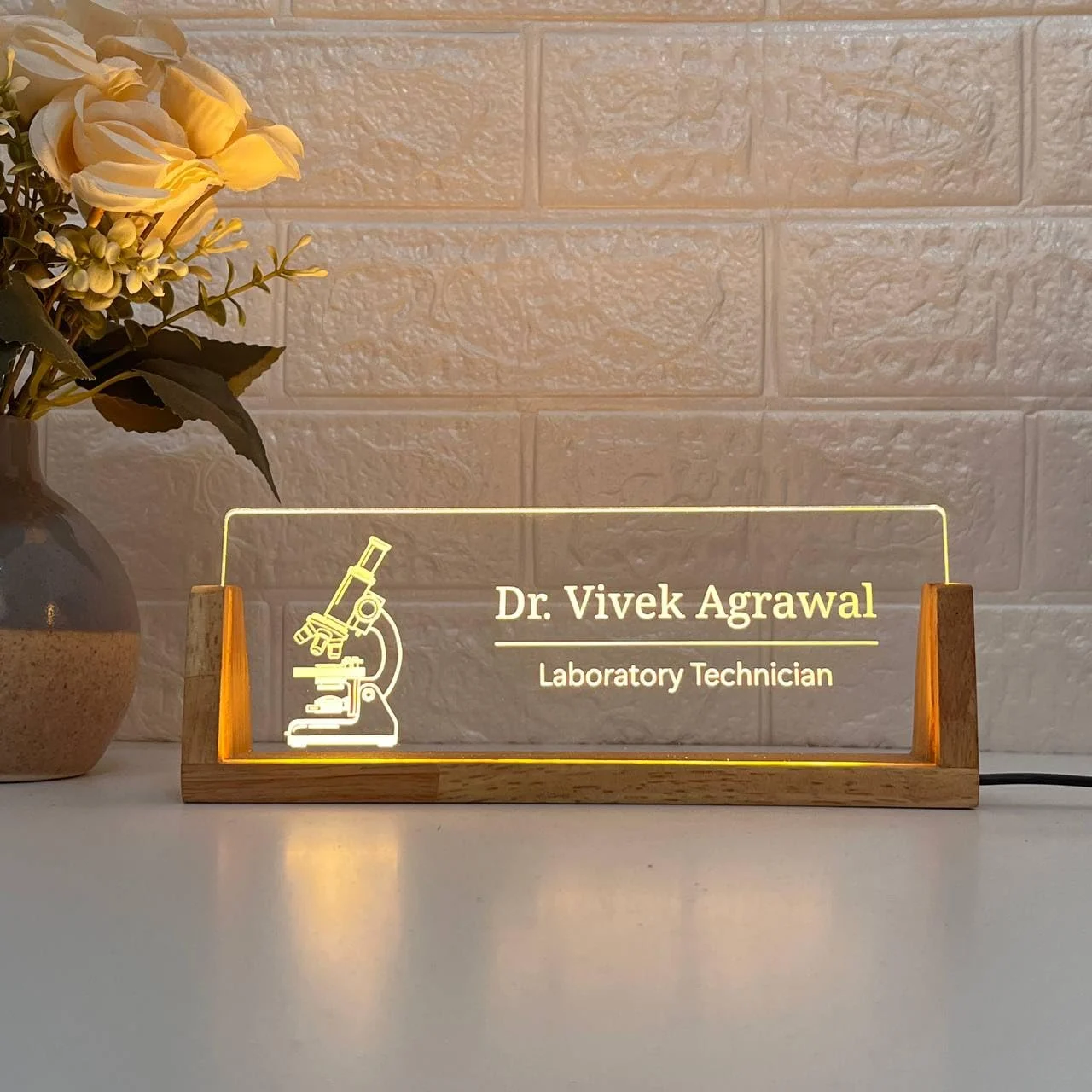 Personalised LED Desk Name Plate for Lab Technicians – close-up of the engraving