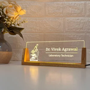 LED desk name plate for lab technicians – on a desk