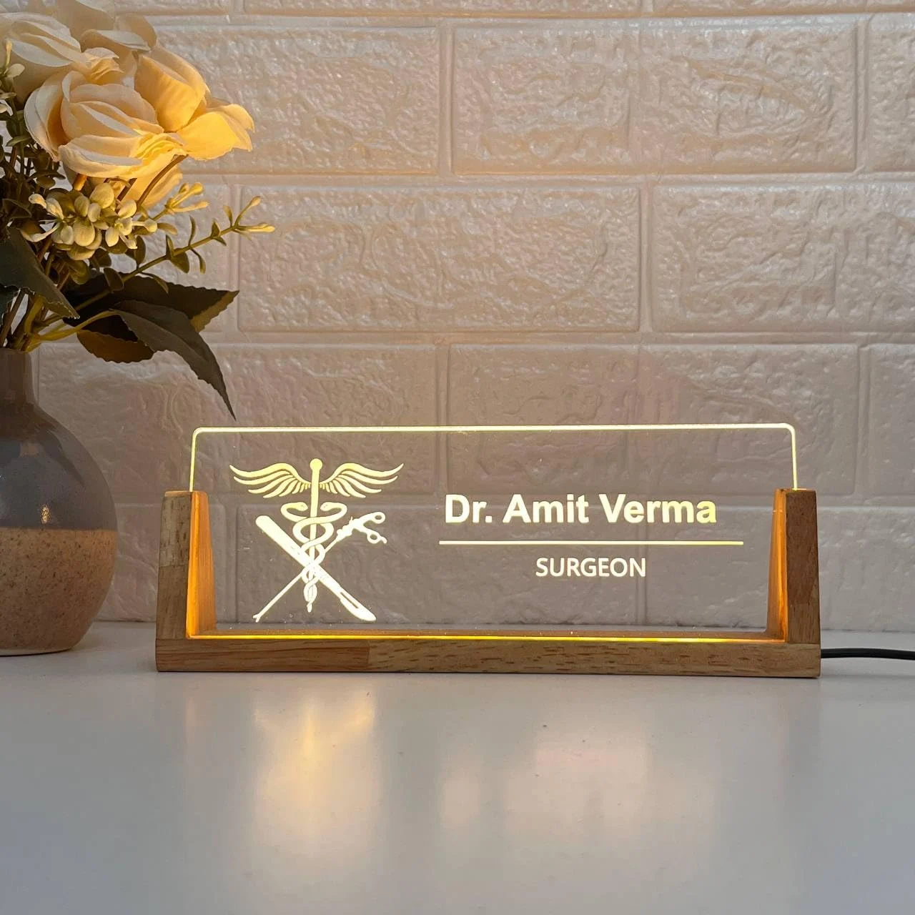 Personalised LED Desk Name Plate for Surgeons – close-up of the engraving