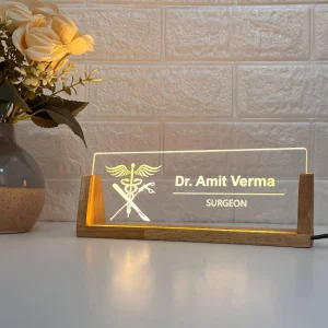 LED desk name plate for surgeons – on a desk