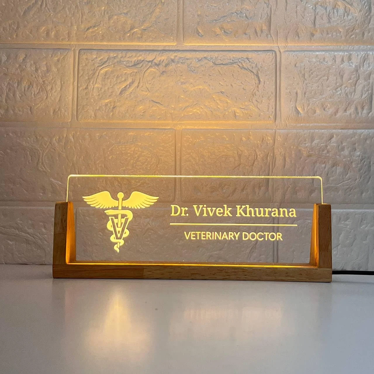 Personalised LED Desk Name Plate for Veterinary Doctors – close-up of the engraving