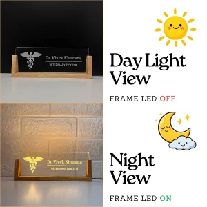 LED desk name plate for veterinary doctors – day and night view