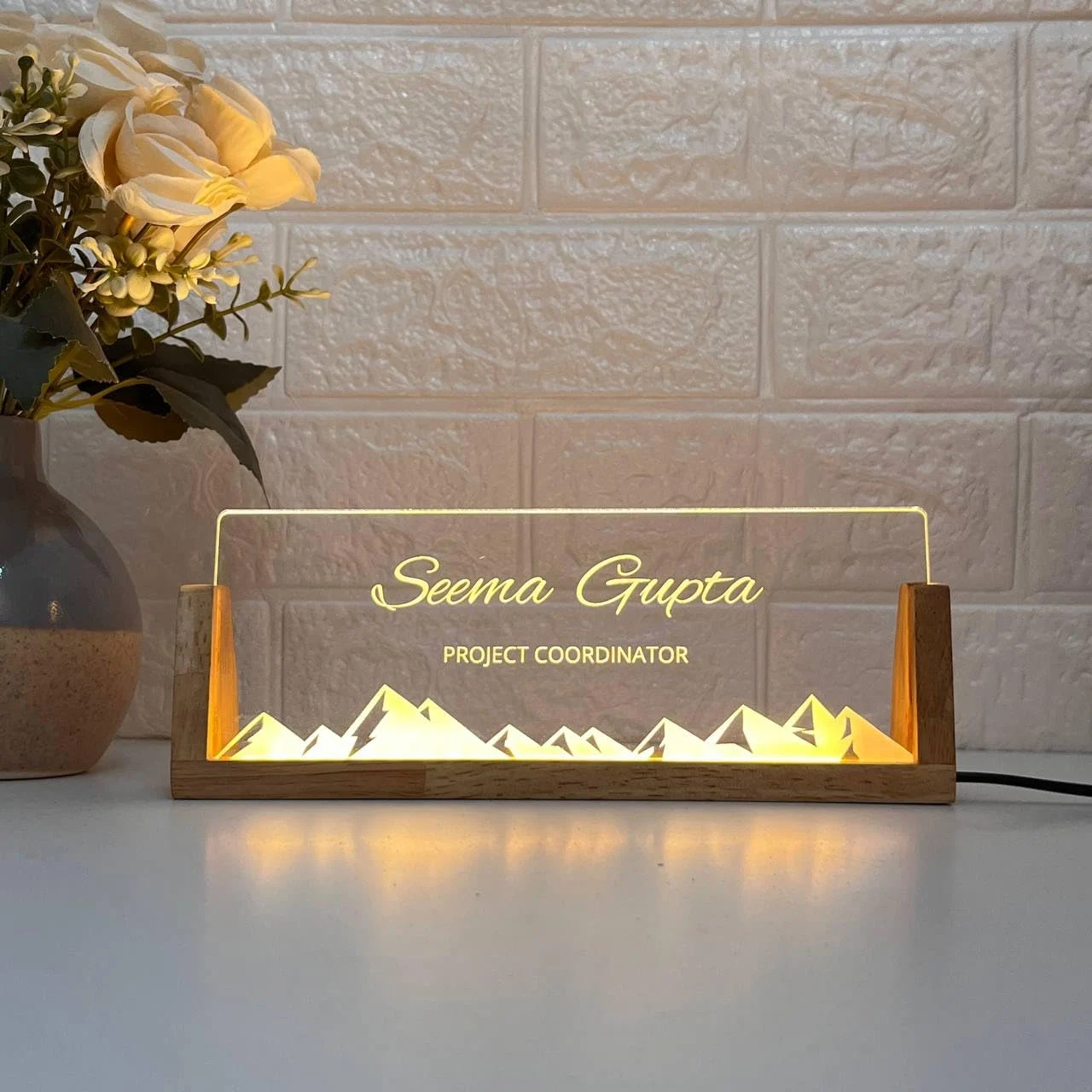 Personalised LED Desk Name Plate – Mountain Design – close-up of the engraving