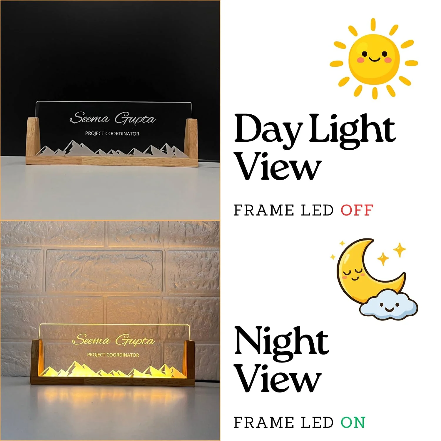 Personalised LED Desk Name Plate – Mountain Design – day and night view