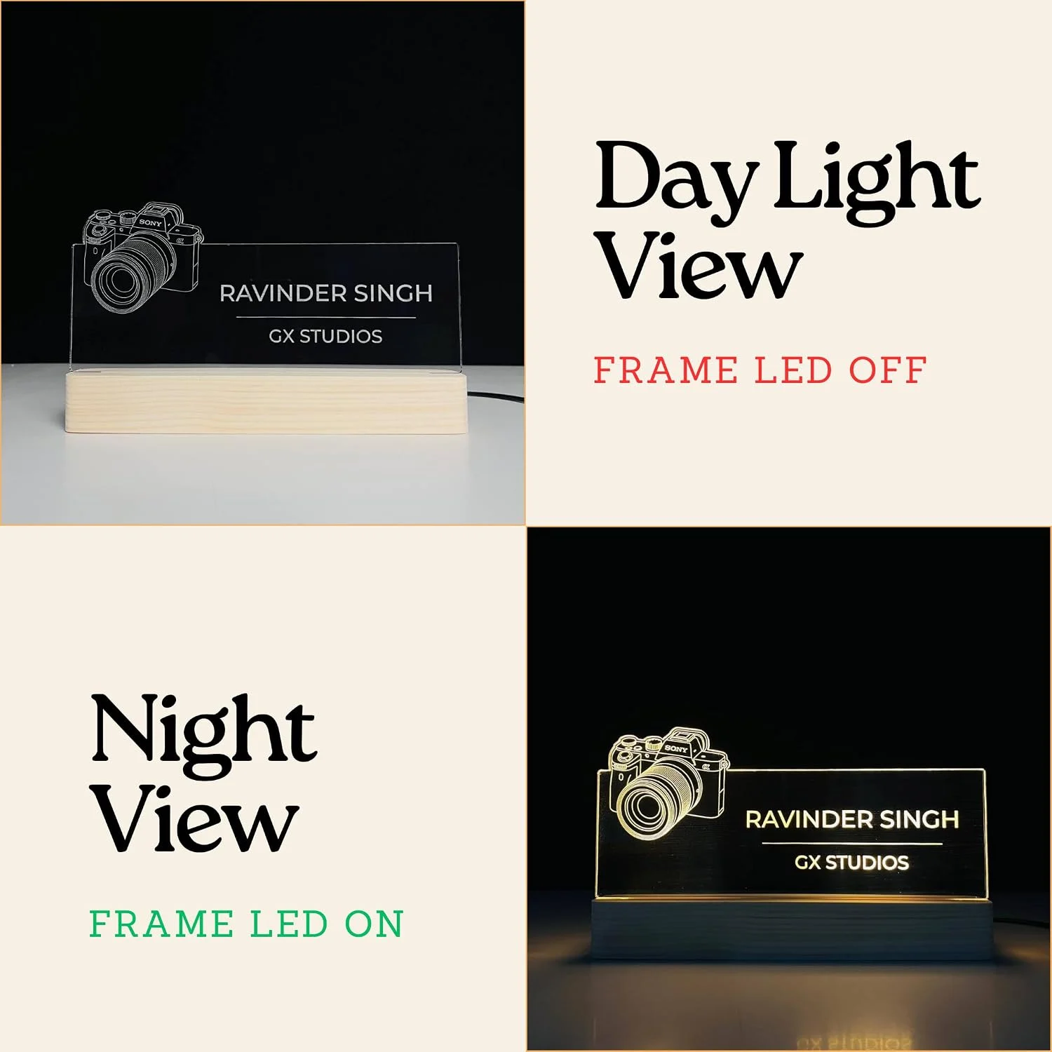 Personalised Name Lamp with Wooden Base for Photographers – 10 x 6 inch – day and night view