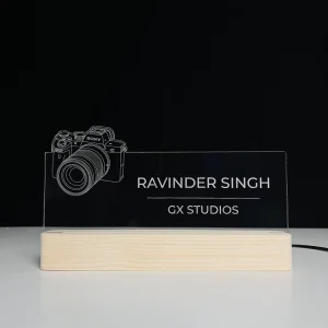 Name lamp for photographers – glowing on a desk