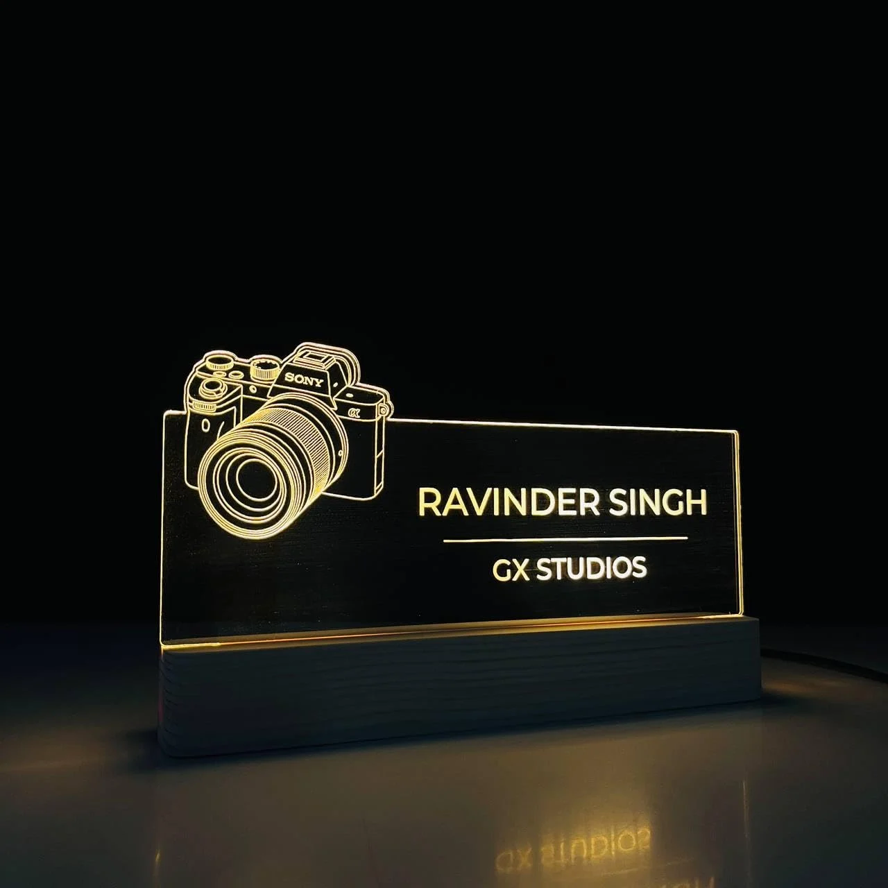 Personalised Name Lamp with Wooden Base for Photographers – 10 x 6 inch – switched off