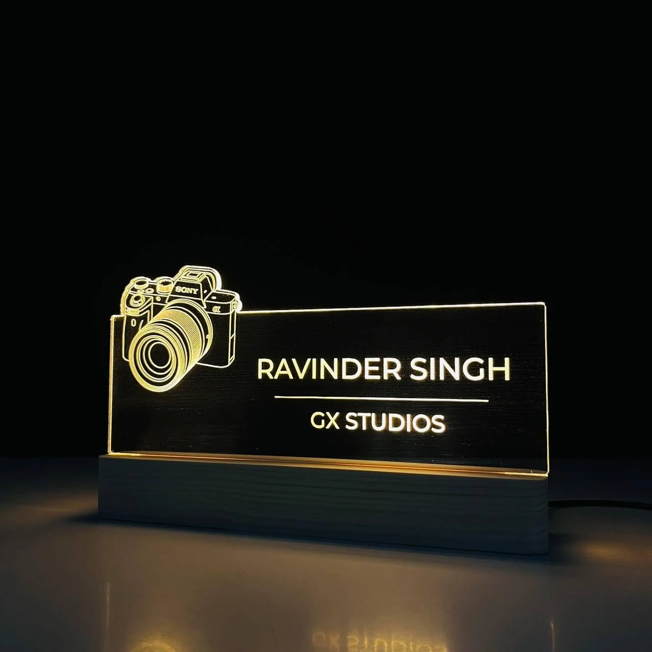 Personalised Name Lamp with Wooden Base for Photographers – 10 x 6 inch – side view