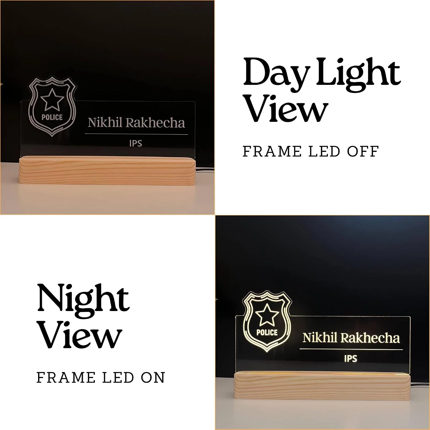 Personalised Name Lamp with Wooden Base for Police Officers – 10 x 6 inch – day and night view