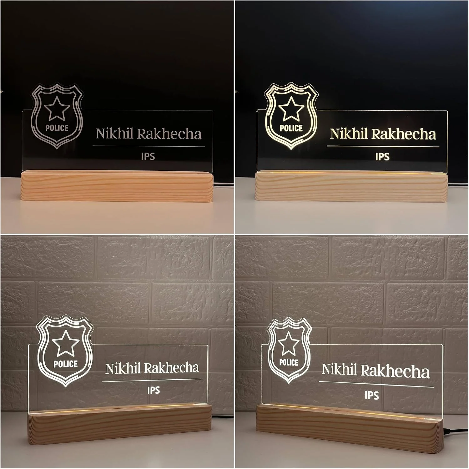 Personalised Name Lamp with Wooden Base for Police Officers – 10 x 6 inch – side view