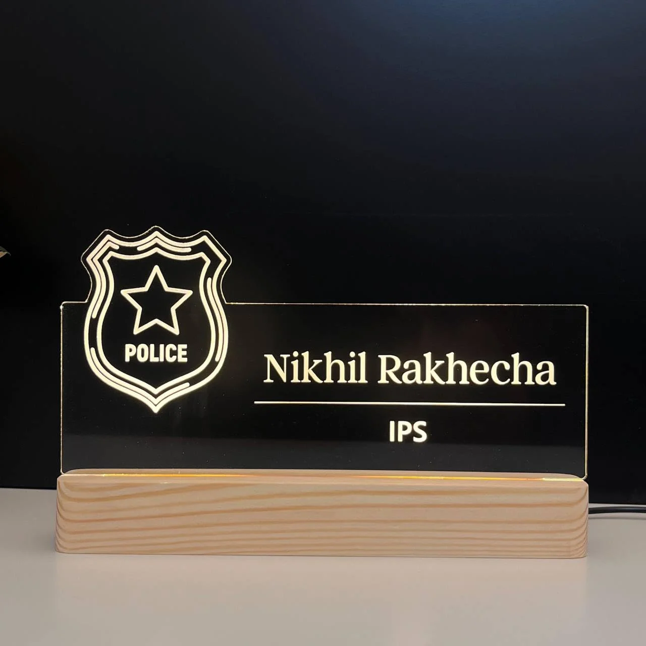 Personalised Name Lamp with Wooden Base for Police Officers – 10 x 6 inch – more views
