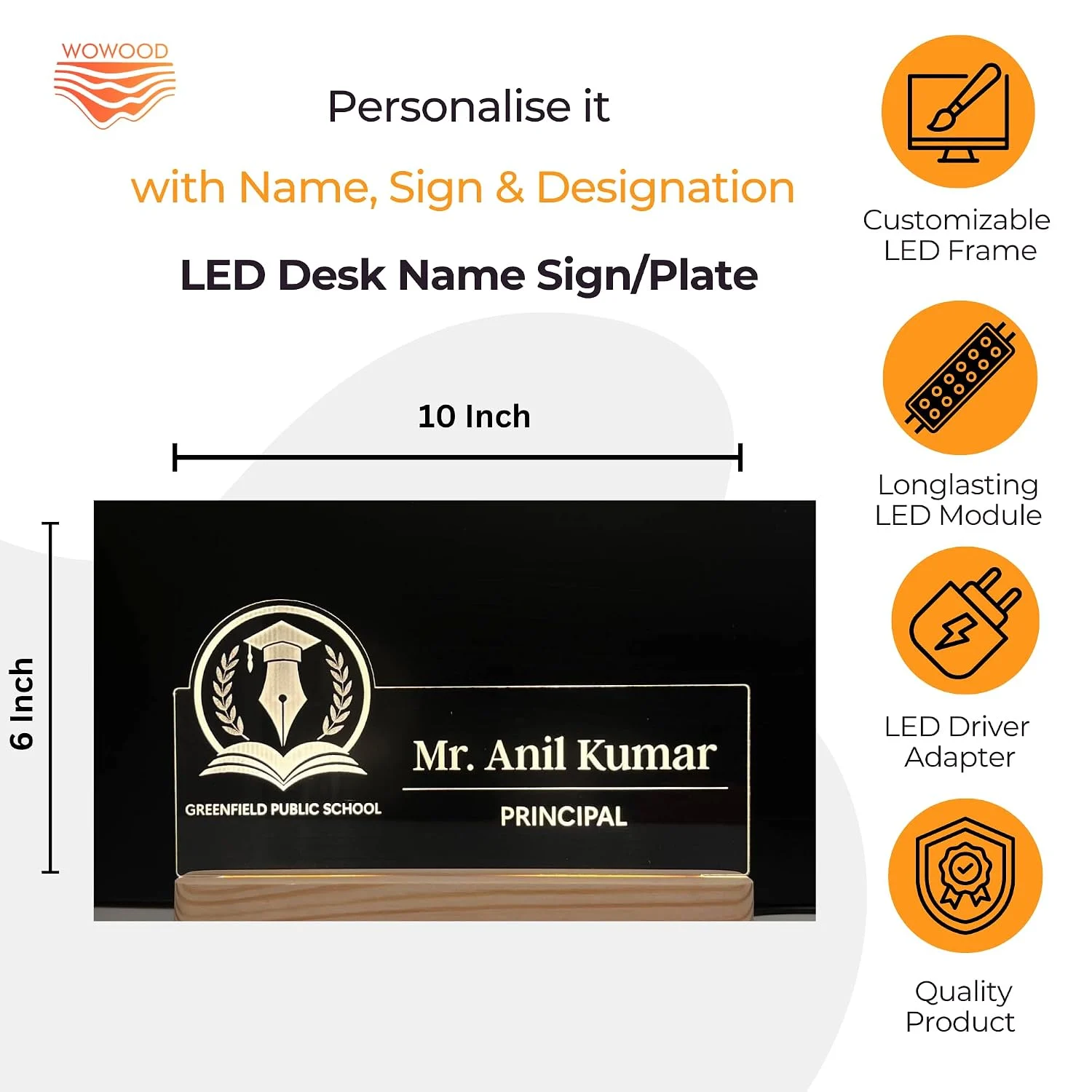 Personalised Name Lamp with Wooden Base for Principals – 10 x 6 inch – size 10 x 6 inch