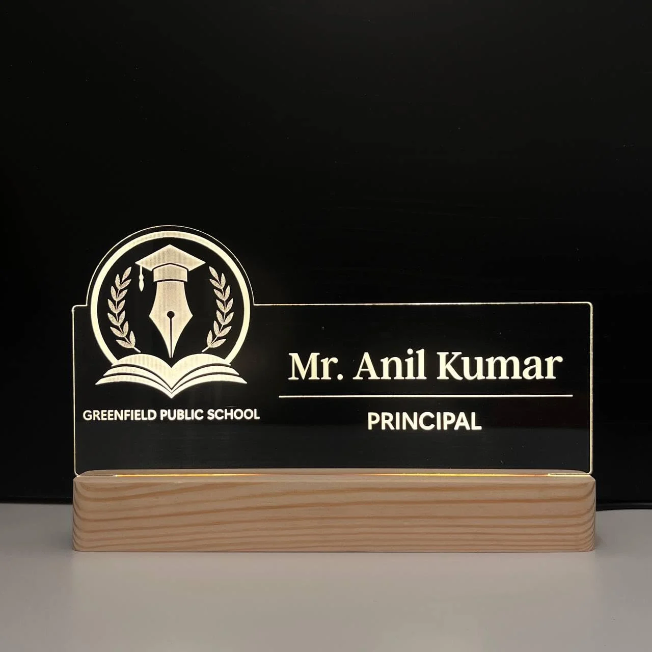 Personalised Name Lamp with Wooden Base for Principals – 10 x 6 inch – side view