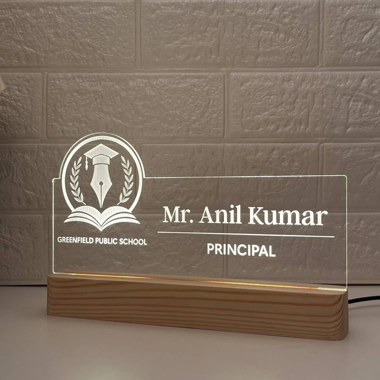 Personalised Name Lamp with Wooden Base for Principals – 10 x 6 inch – more views