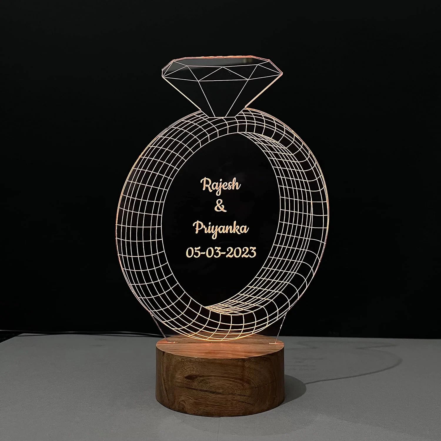 3D Ring Couple Name Lamp – Multicolour LED – close-up