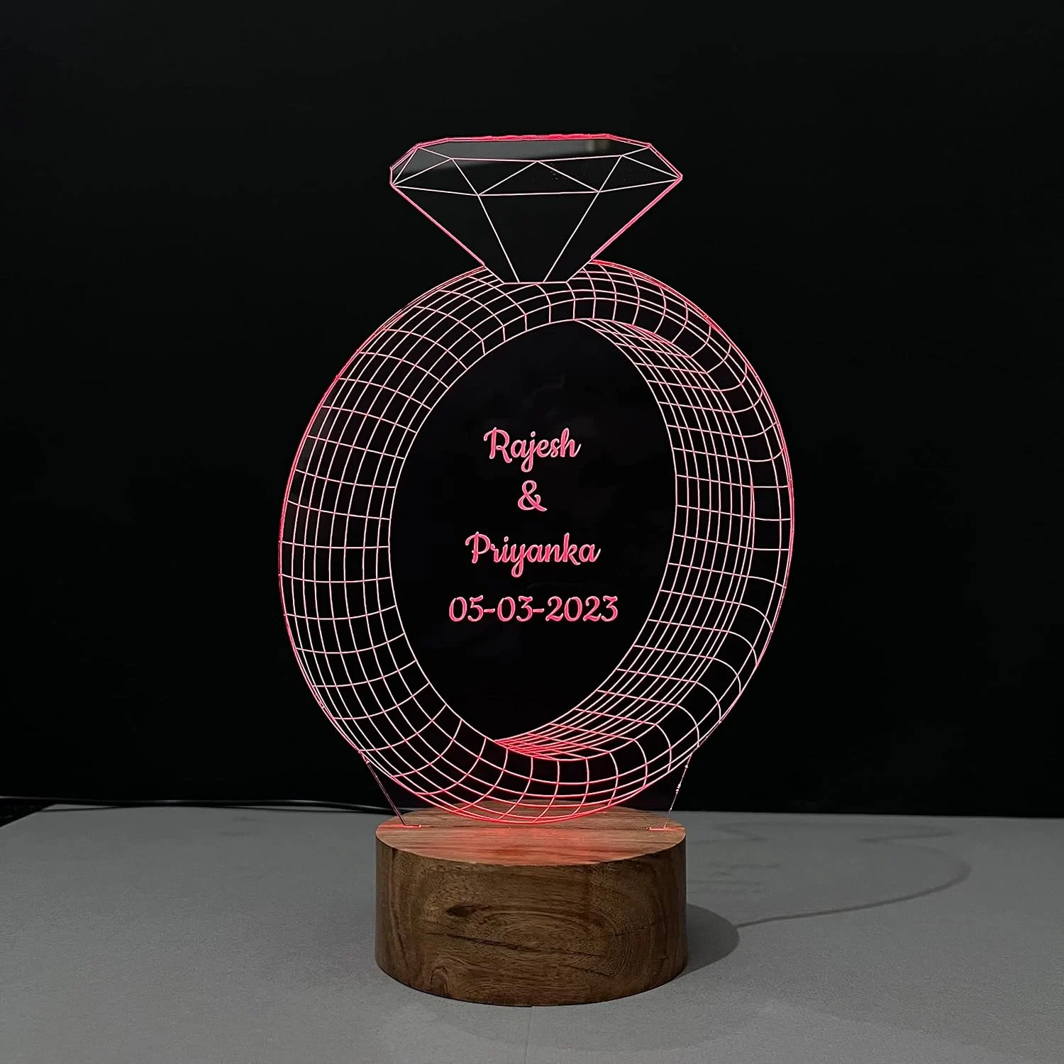 3D Ring Couple Name Lamp – Multicolour LED – colour option