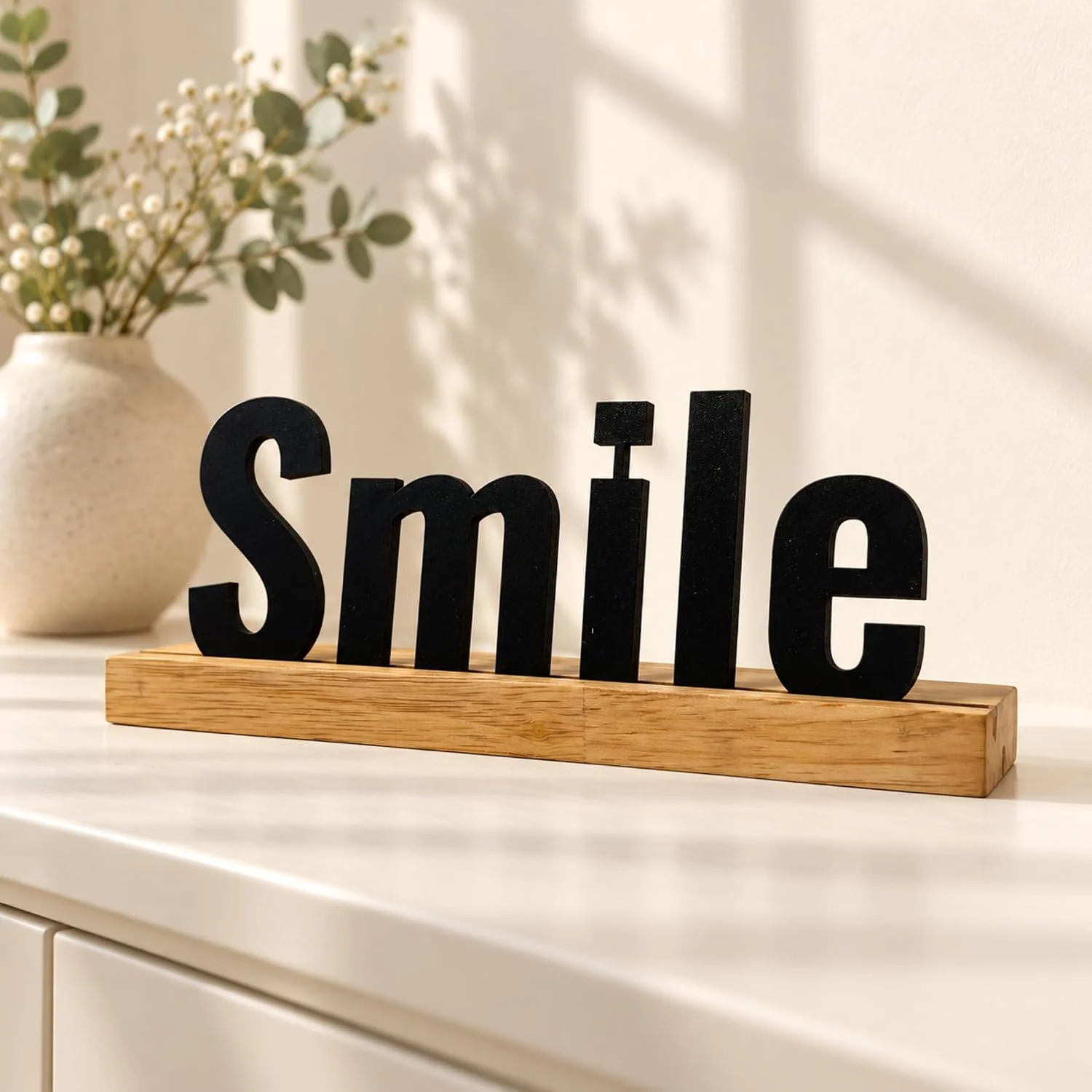 Smile Wooden Table Sign – Cheerful Desk & Shelf Decor