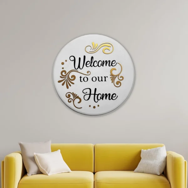 Welcome to our home wall sign above a sofa