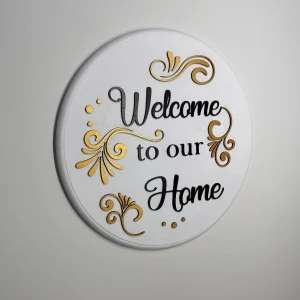 Welcome to our home wall sign – golden flourishes