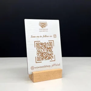 White qr code stand – on a counter